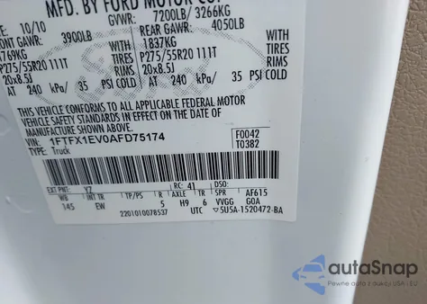 2010 Ford F-150 Fx4/Lariat/Xl/Xlt from USA, damaged, VIN 1FTFX1EV0AFD75174